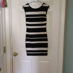 Alt.B black white stripe fitted dress Sz M EUC